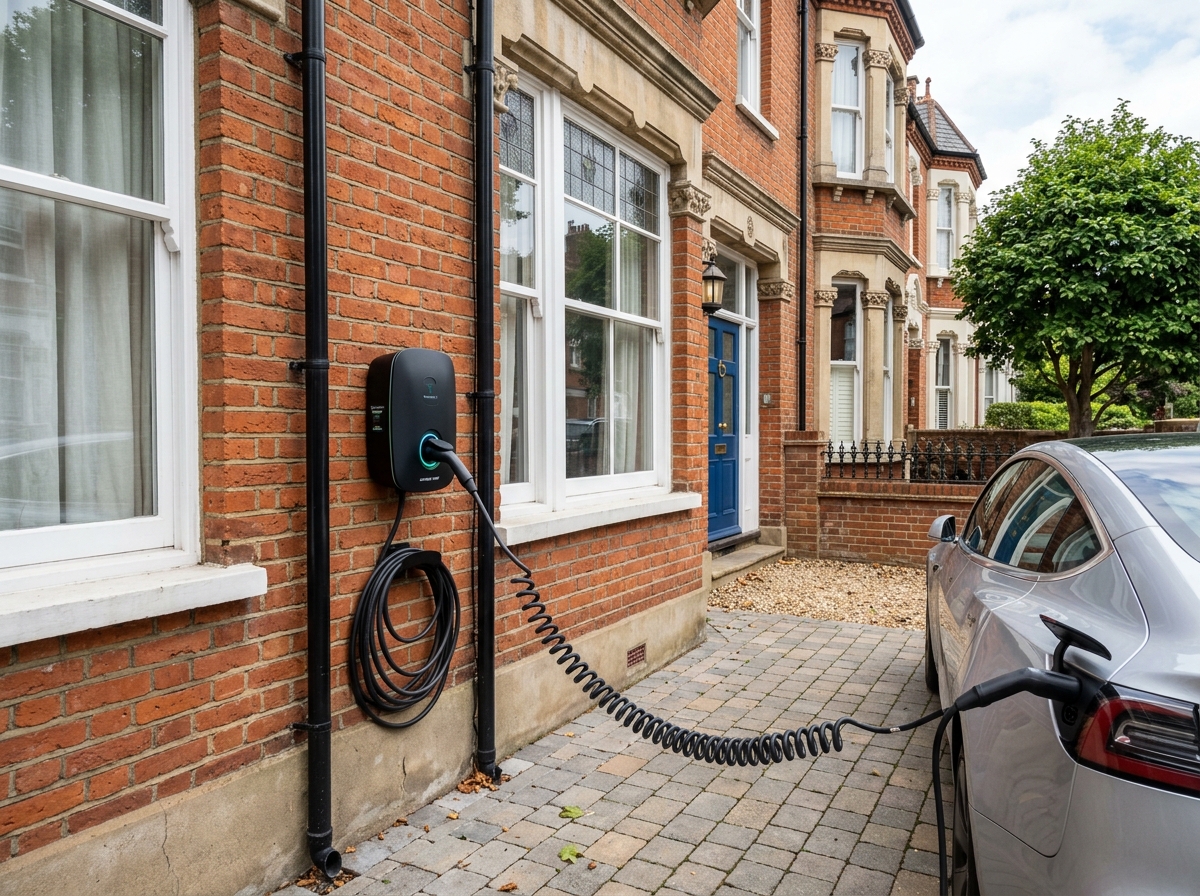 7.4kW Domestic Smart EV Charger Installed on London Red Brick Wall
